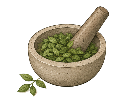 Dried leaves ground with a mortar and pestle